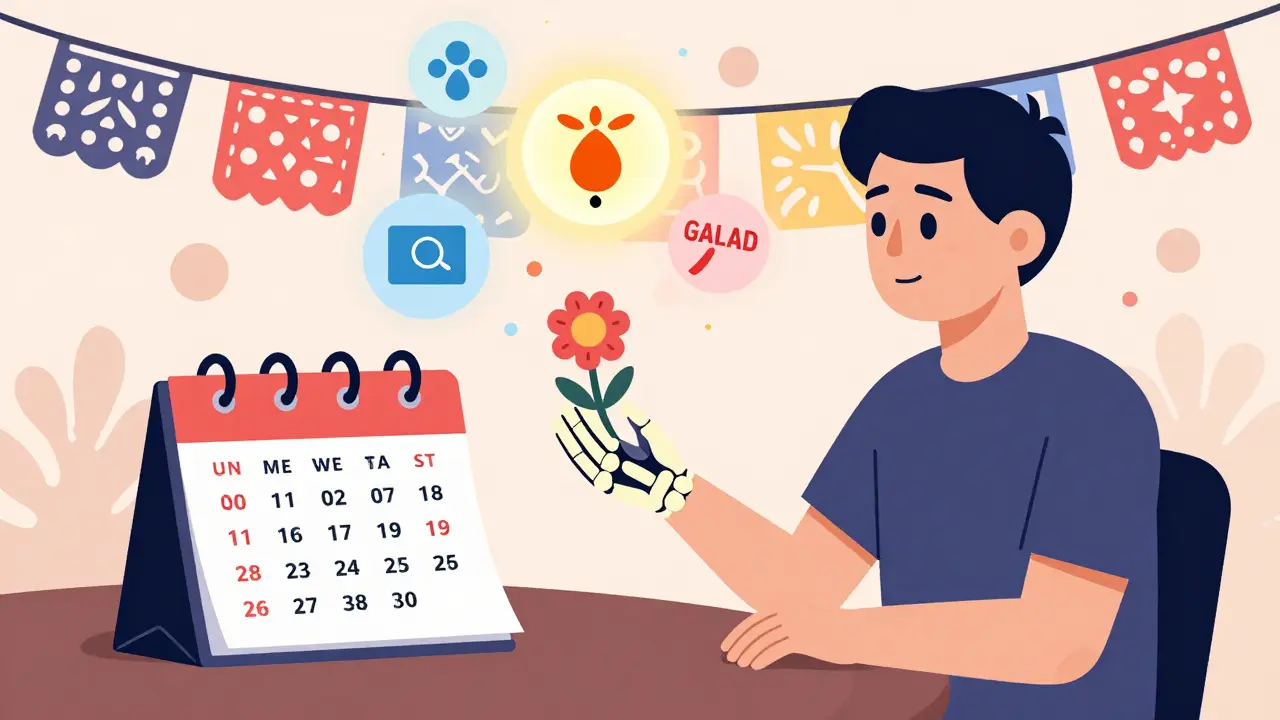 Patient reviewing calendar with symbolic ultrasound and biomarker icons