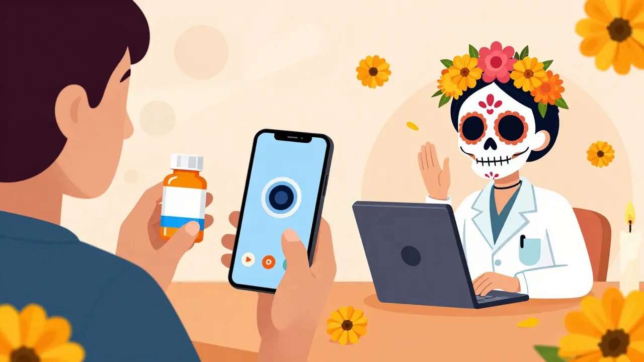 Patient showing medication bottles to a pharmacist via video call.