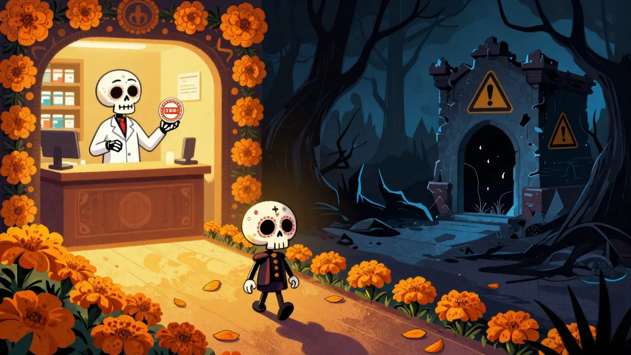Safe pharmacy path vs dangerous shadow path in Dia de los Muertos style