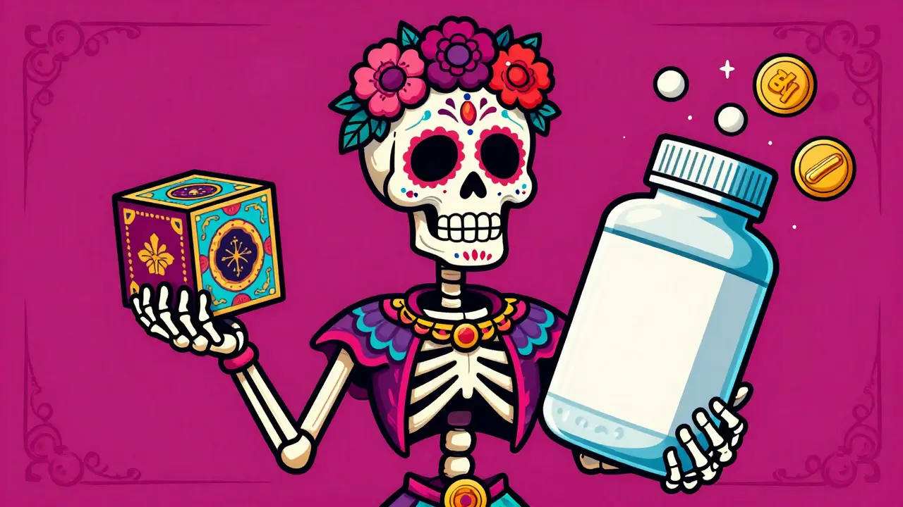 Skeleton comparing cheap bulk generic pills to expensive brand box