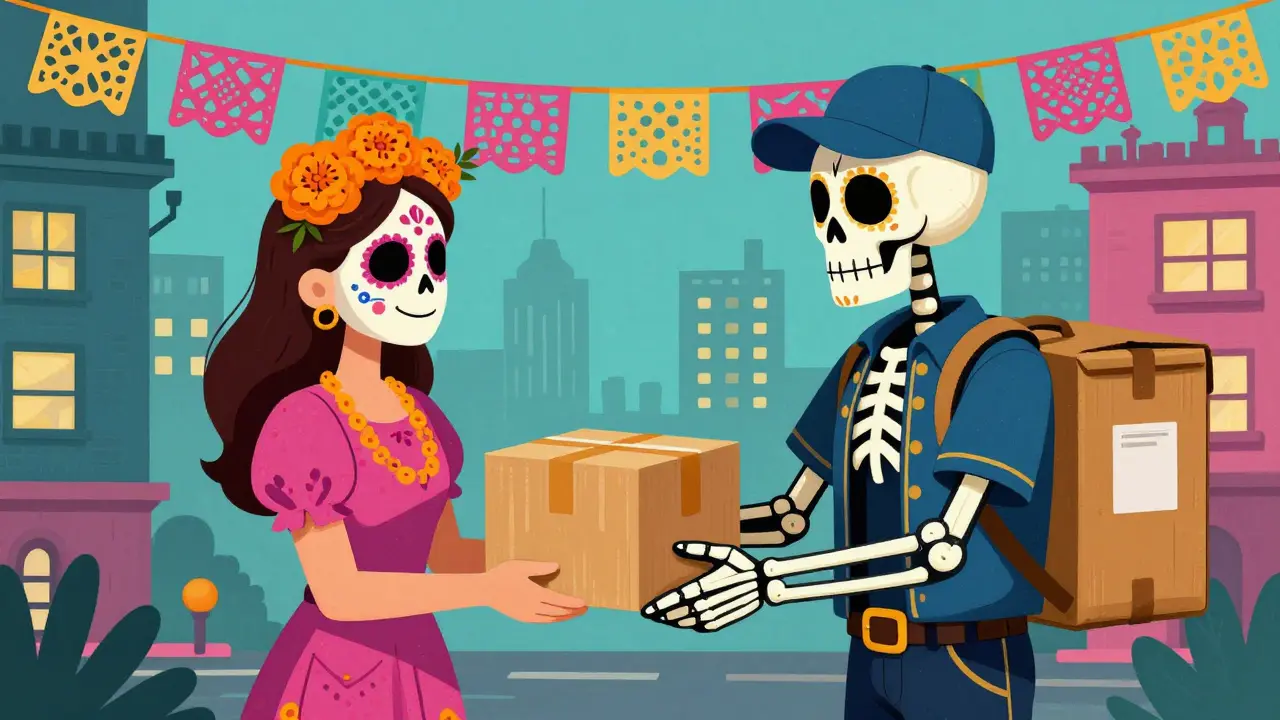 Skeleton courier delivering medicine package in colorful street