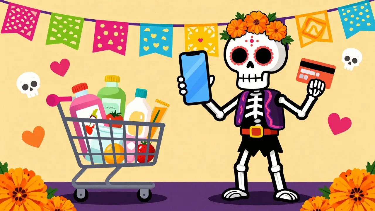 Skeleton shopper saving money on online pharmacy coupons