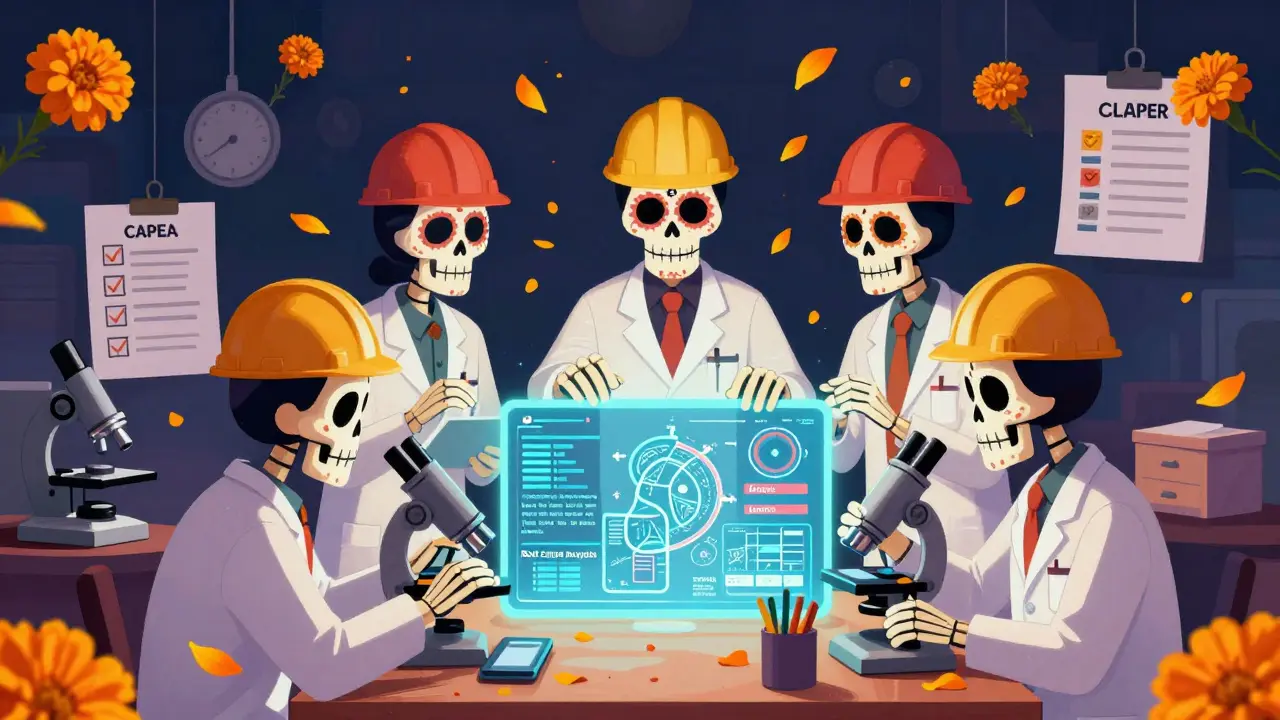Skeleton team in lab coats analyzing data and blueprints collaboratively
