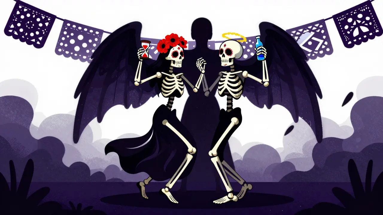 Two skeletal figures merging into a dangerous shadow, symbolizing drug interaction risks