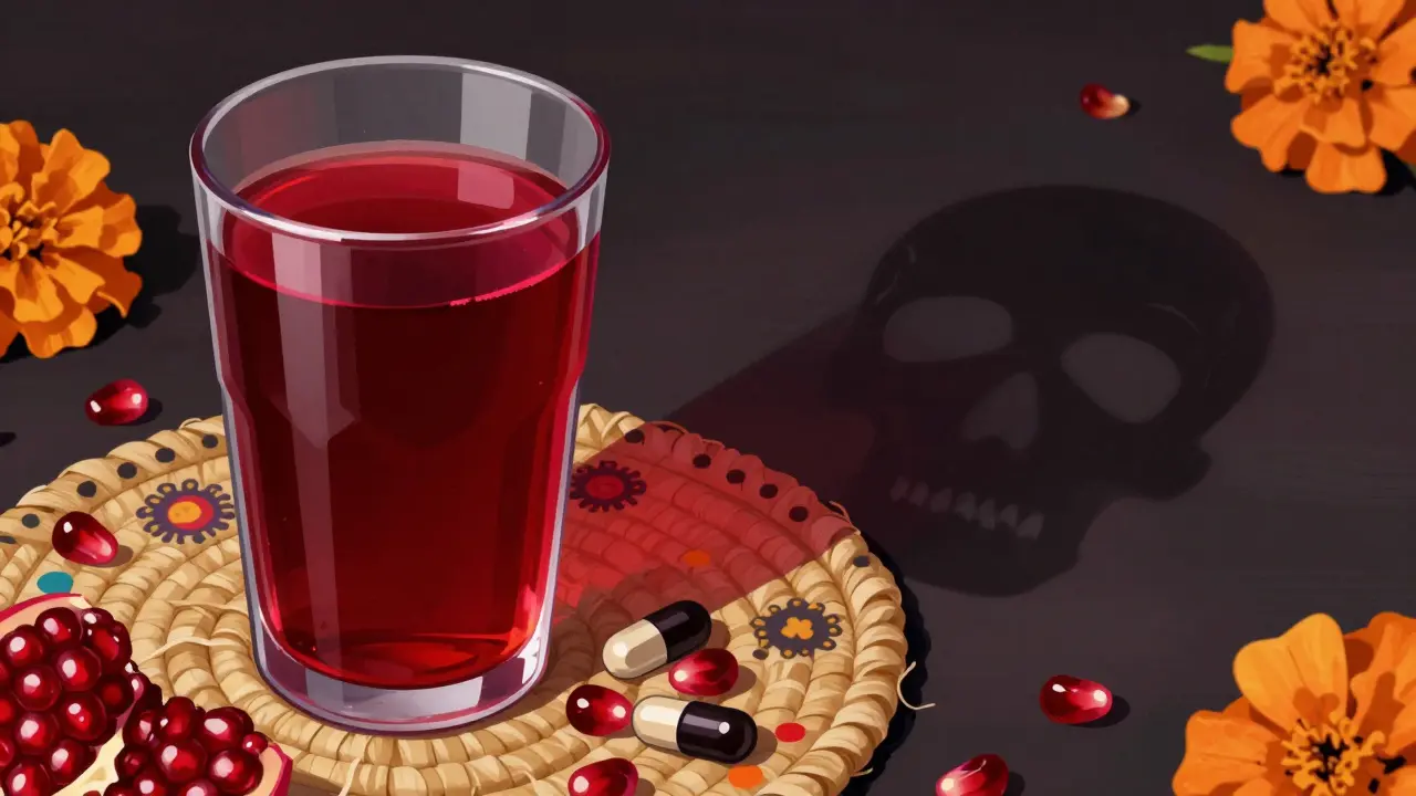 Artistic depiction distinguishing safe pomegranate juice from risky concentrated supplements.