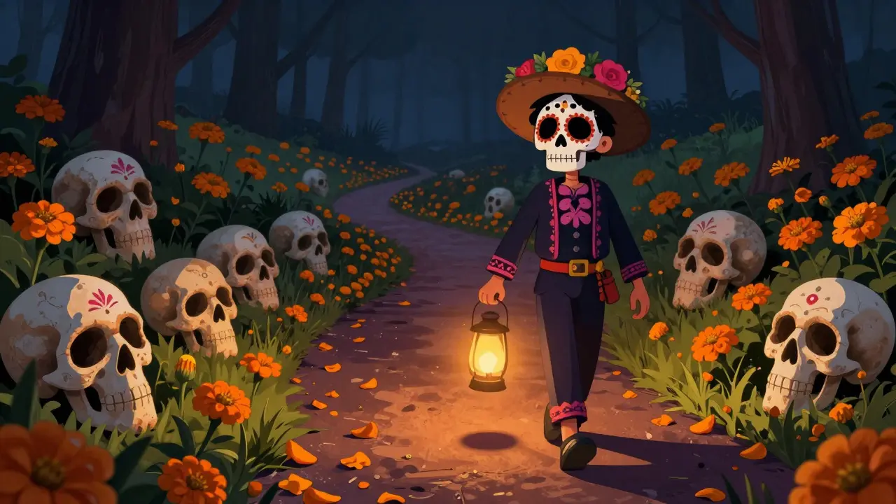 Character walking on a path with skulls and flowers at night
