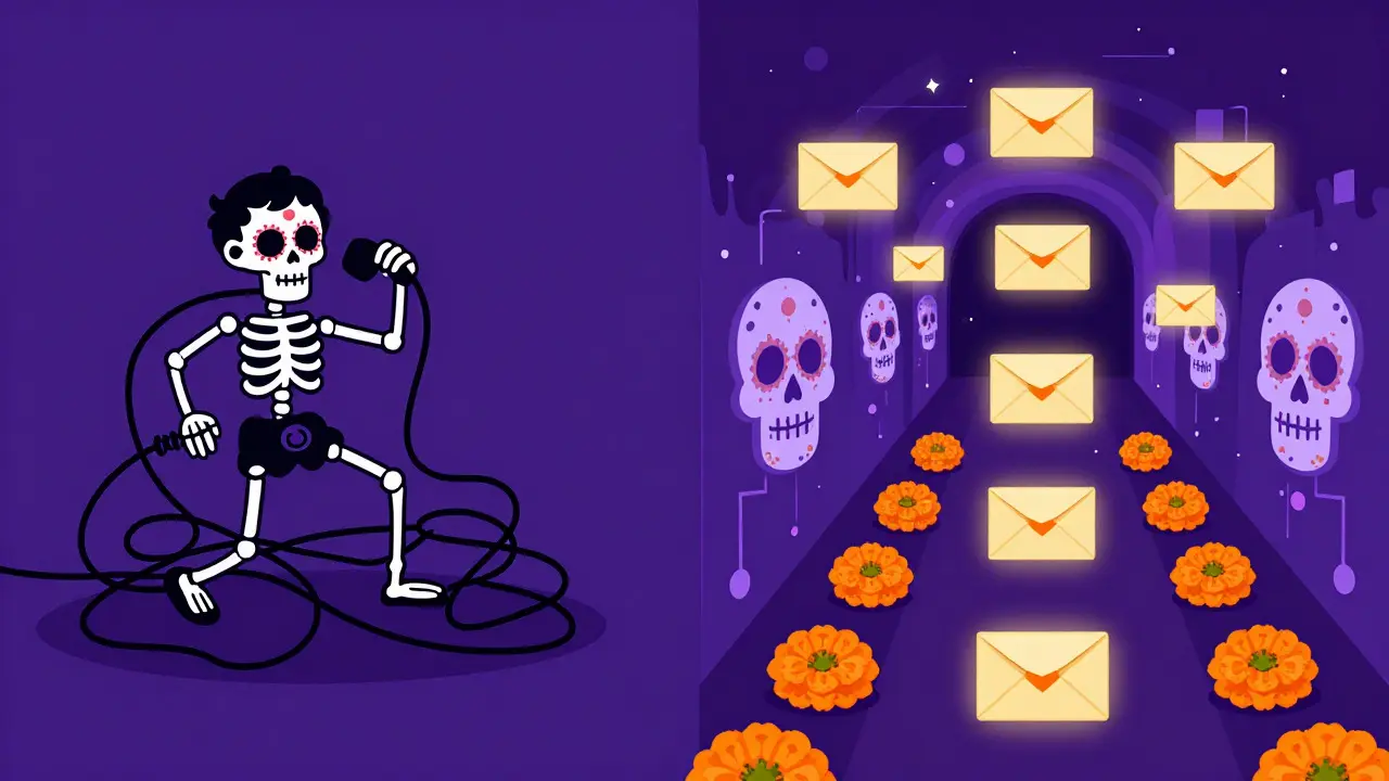 Comparison of chaotic phone wires vs secure encrypted digital messages in Day of the Dead style