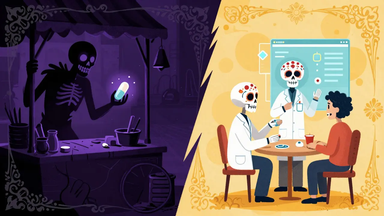 Contrast between shady seller and legitimate doctor in Day of the Dead art style