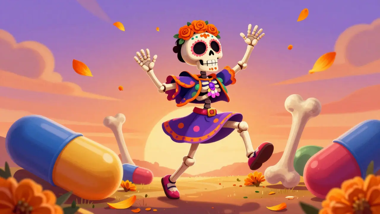 Dancing skeleton celebrating pain relief among colorful capsules