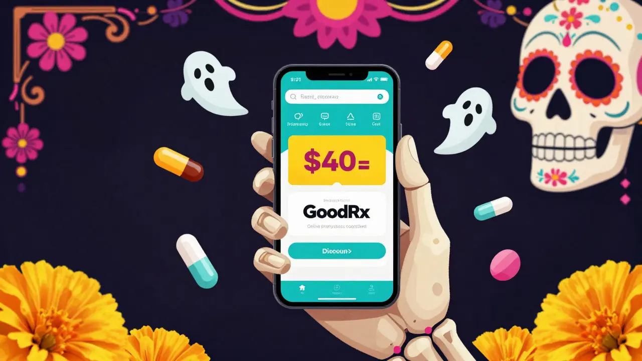 Decorated skeleton hand holding phone showing medication discount coupons