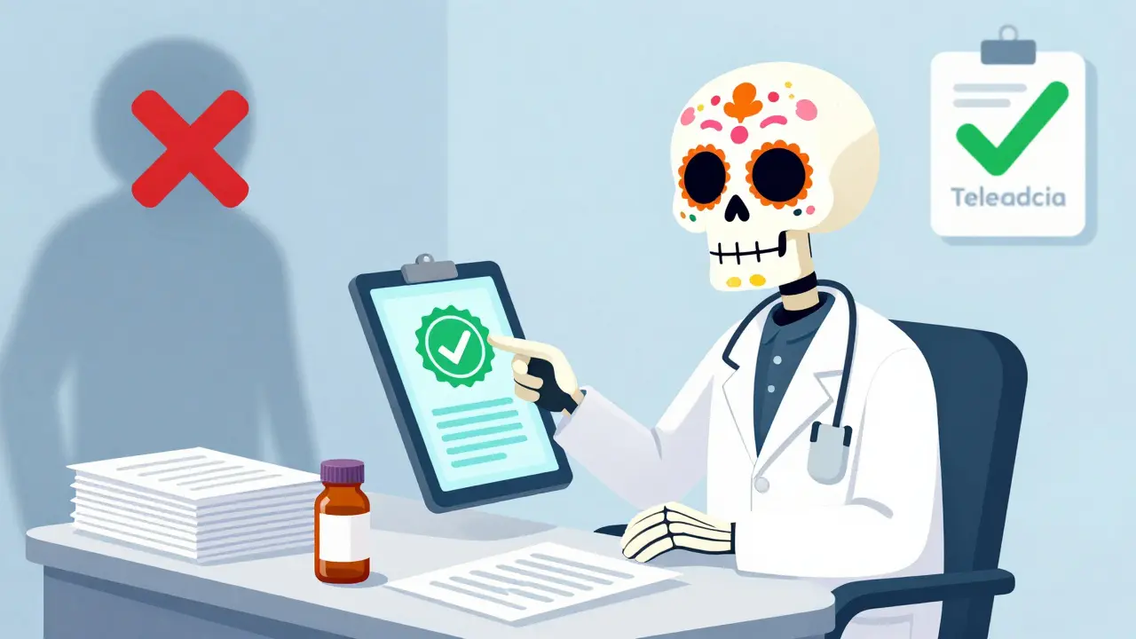Friendly skeleton doctor showing a verified prescription seal on a tablet at a desk.