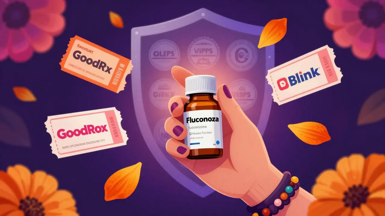 Hand holding medication bottle surrounded by marigold coupon petals and safety shield