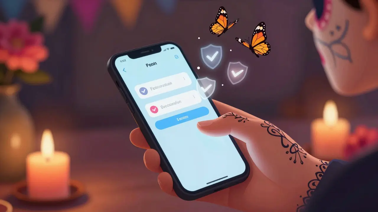 Hand with calavera tattoos sending secure medication question via smartphone