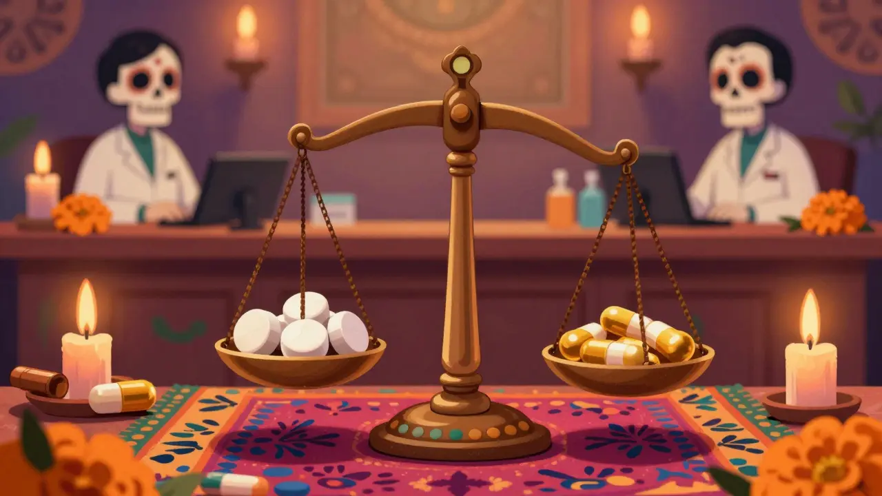 Ornate scale weighing medication costs in Day of the Dead illustration style