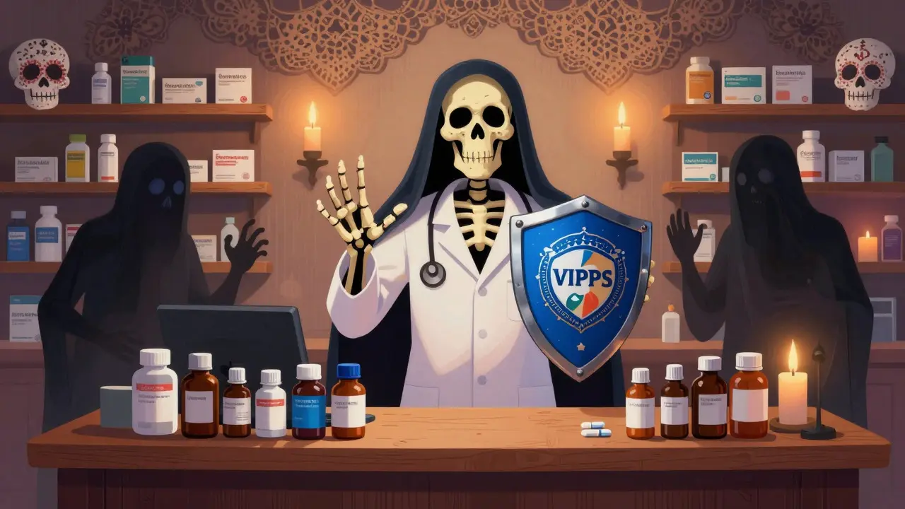 Pharmacist skeleton protecting safe medications from counterfeit shadows