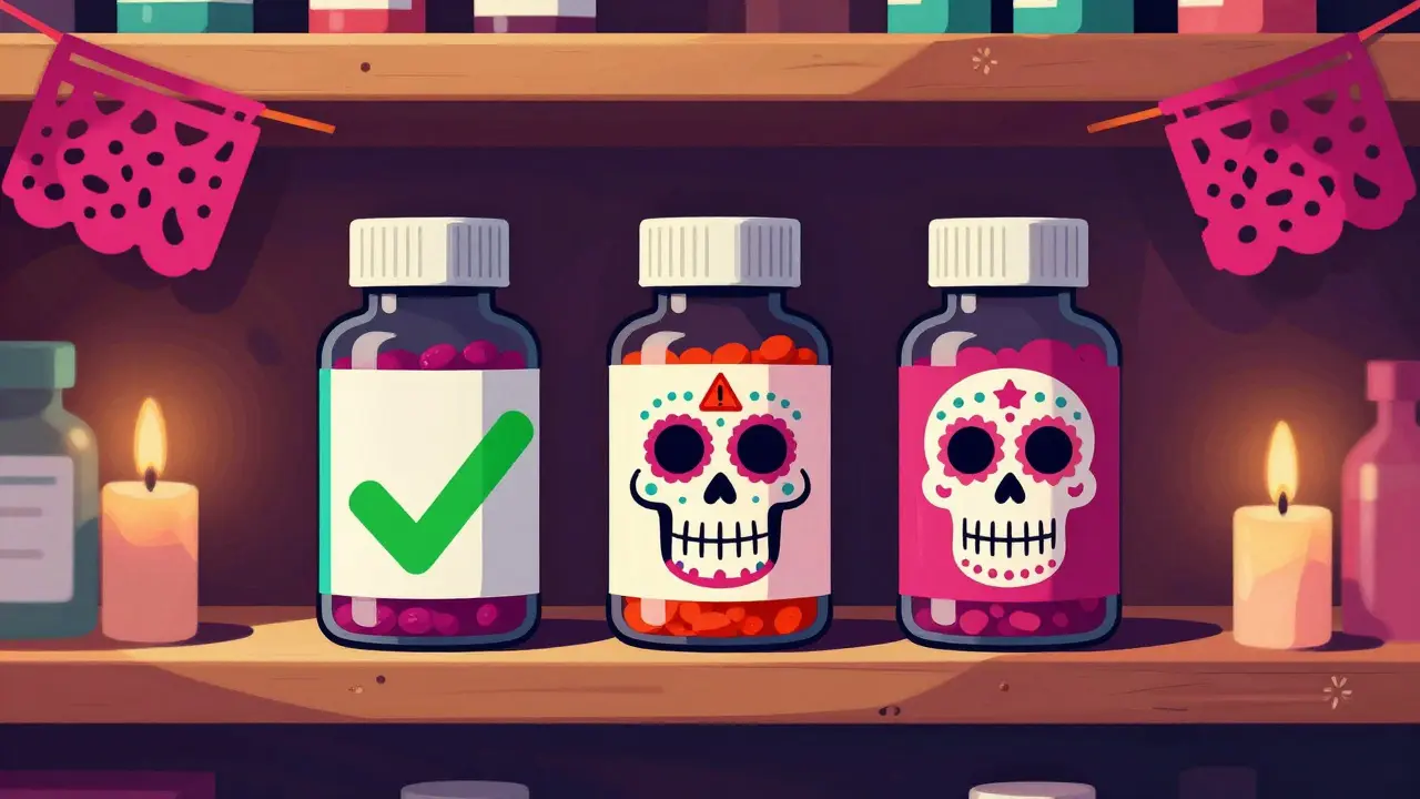 Pill bottles with different skull faces on shelf