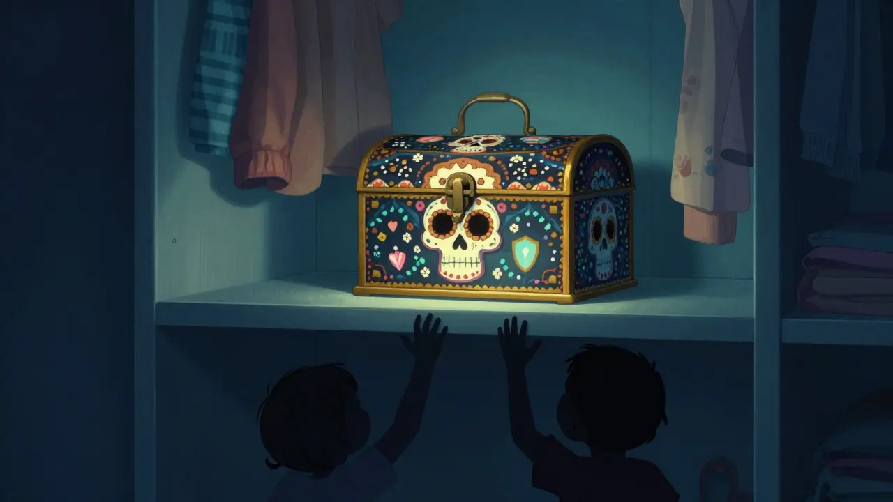 Secure lockbox with sugar skull designs on a high bedroom shelf