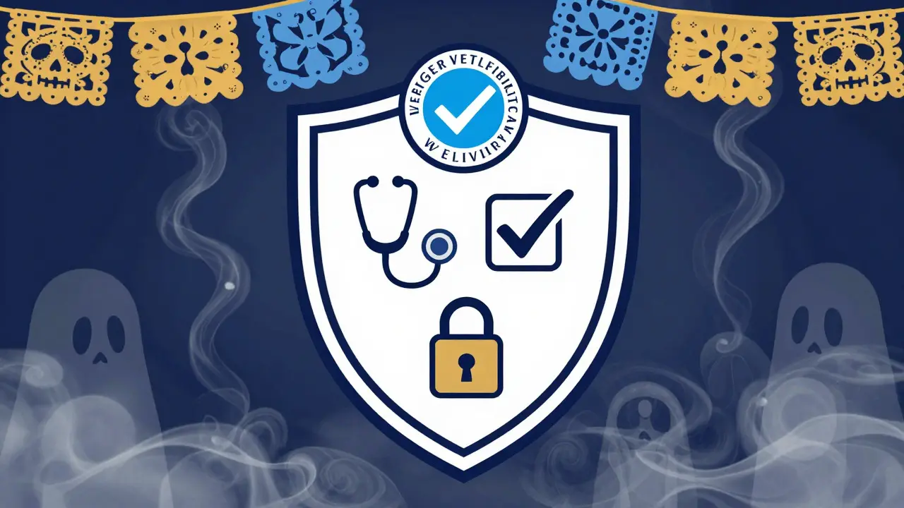 Shield with pharmacy safety symbols in Day of the Dead art