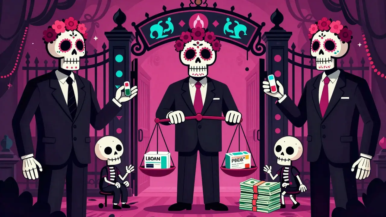 Skeletal PBMs in suits negotiating drug rebates behind an ornate gate
