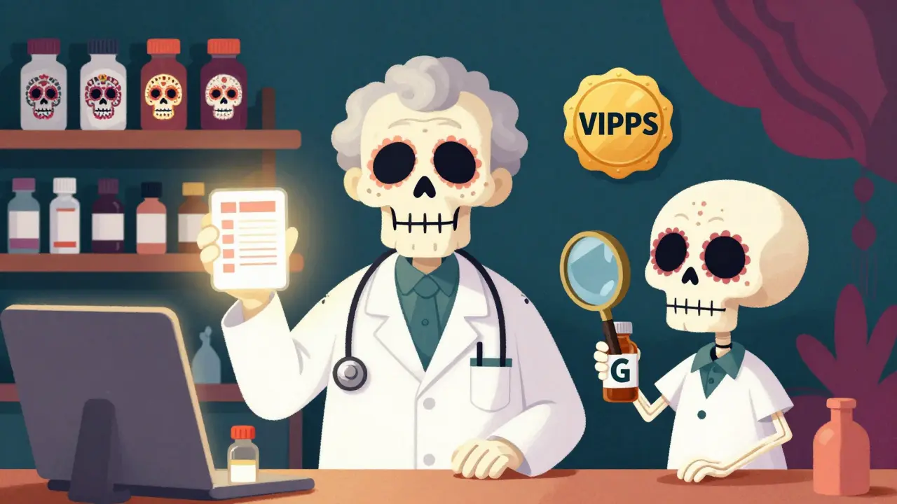 Skeleton doctor verifying prescription with magnifying glass, festive art
