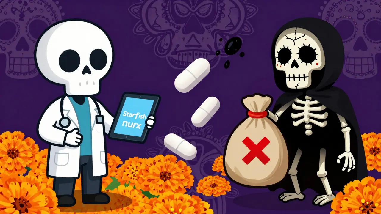 Skeleton doctor vs shady vendor illustrating safe vs unsafe online pharmacy options