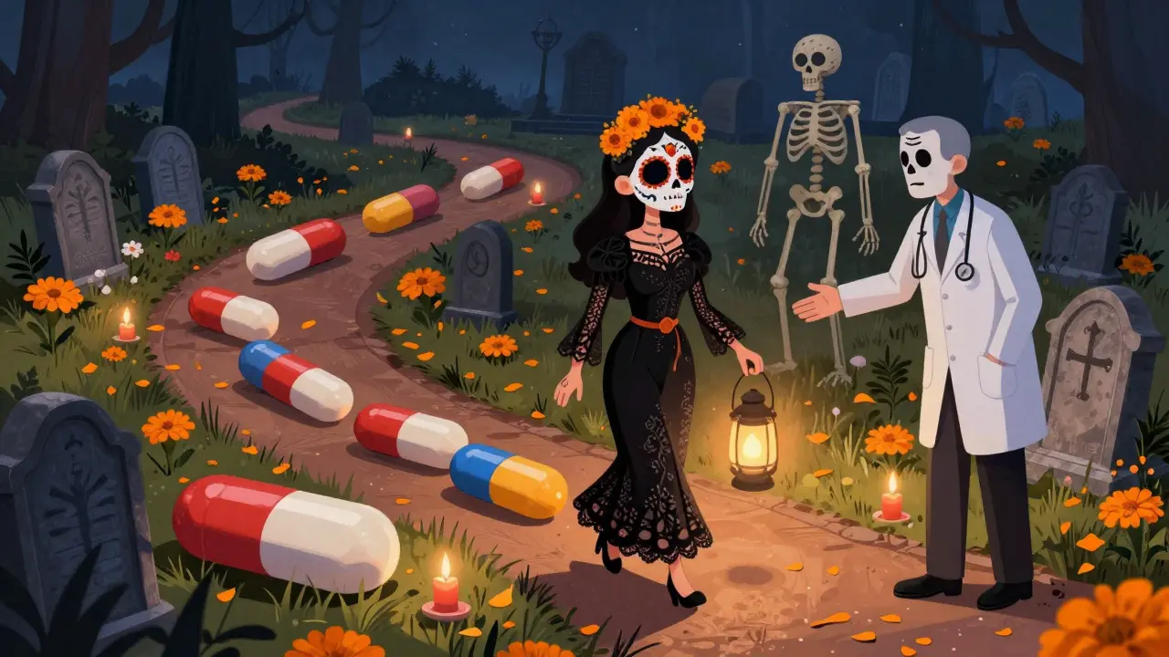 Skeleton figure walking a candlelit path past large pills, illustrating slow tapering.