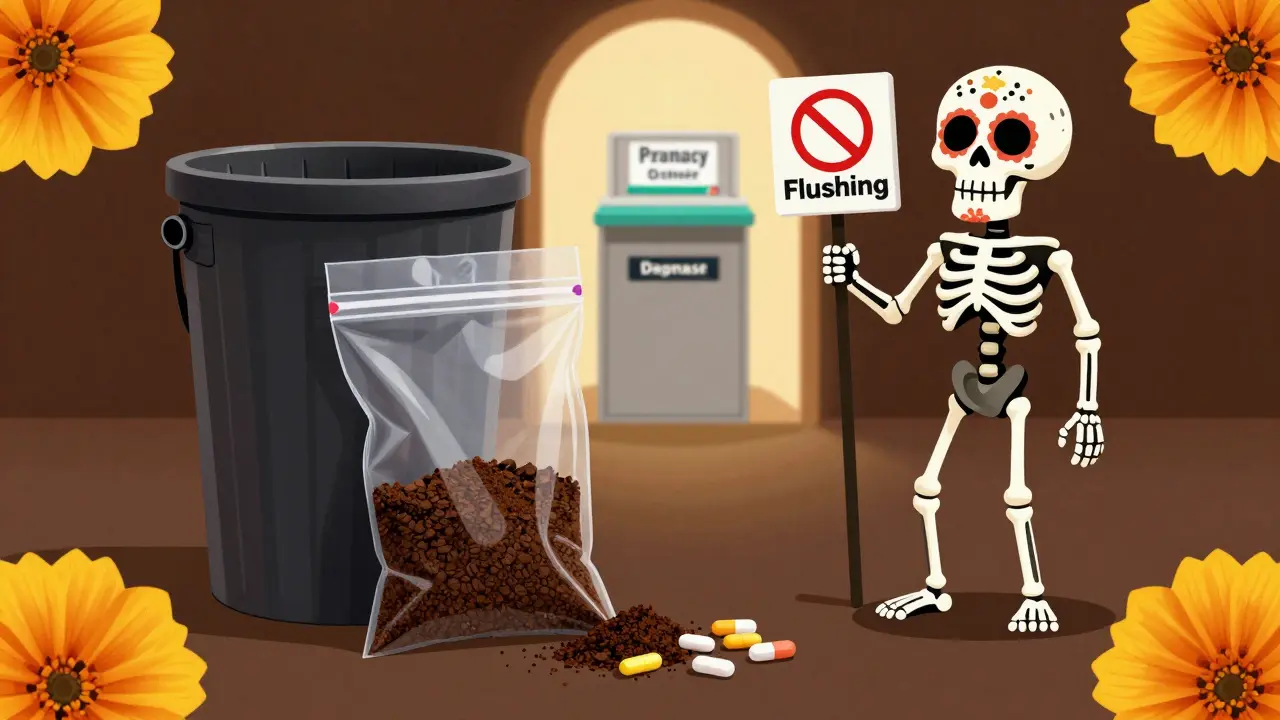 Skeleton guarding a bag of disposed meds with coffee grounds