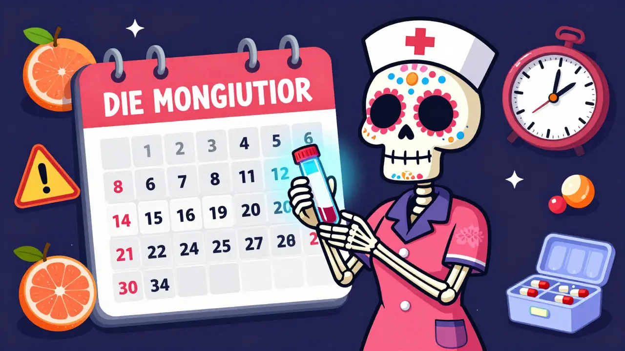 Skeleton nurse holding a glowing blood test vial