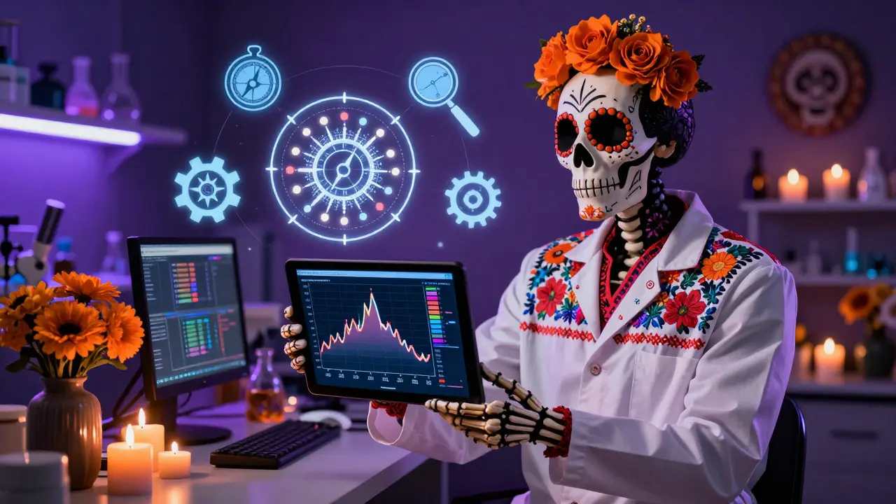 Skeleton scientist analyzing statistical data in Day of the Dead style
