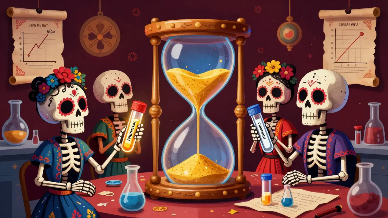 Skeletons in a lab conducting bioequivalence tests with glowing liquids and an hourglass timer.