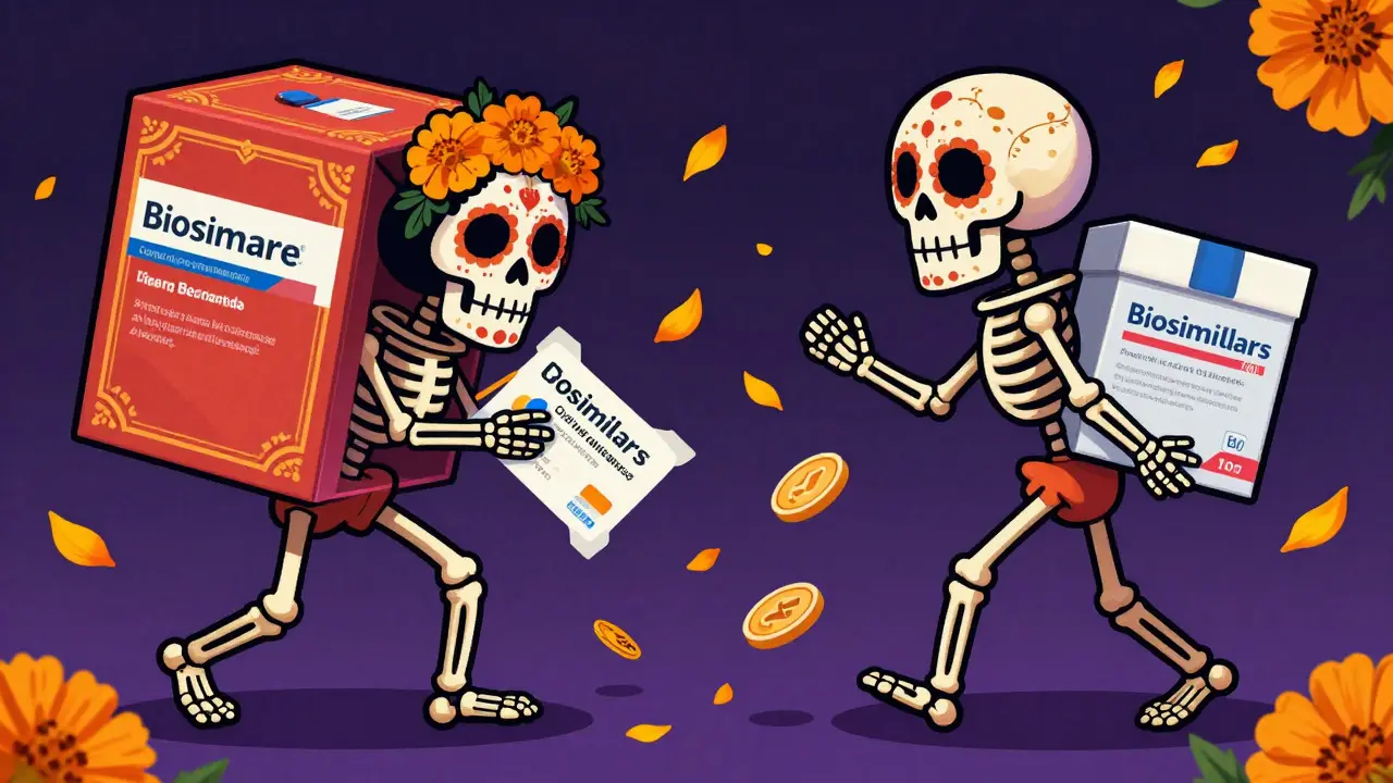 Split view of patients struggling with brand vs biosimilar drug costs
