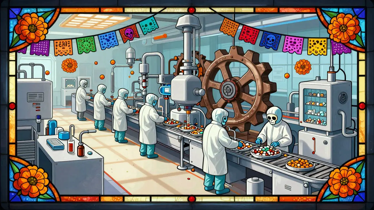 Stained-glass view of a Day of the Dead themed pharmaceutical factory ensuring drug quality.