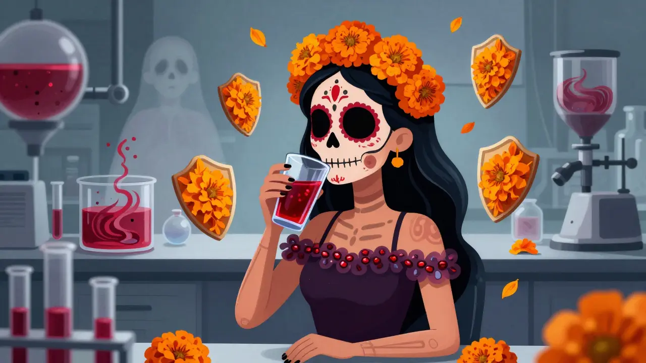 Stylized illustration showing a person safely drinking pomegranate juice, contrasting with lab fears.