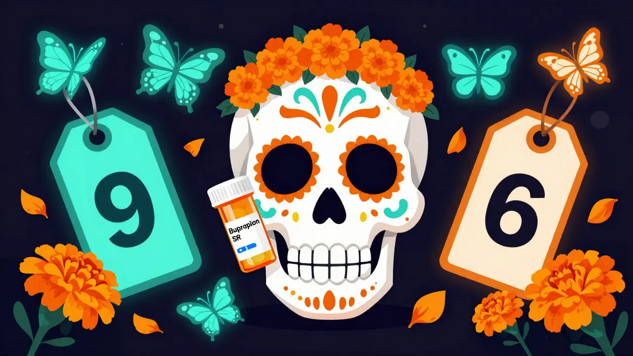 Sugar skull holding medication with floating discount coupons