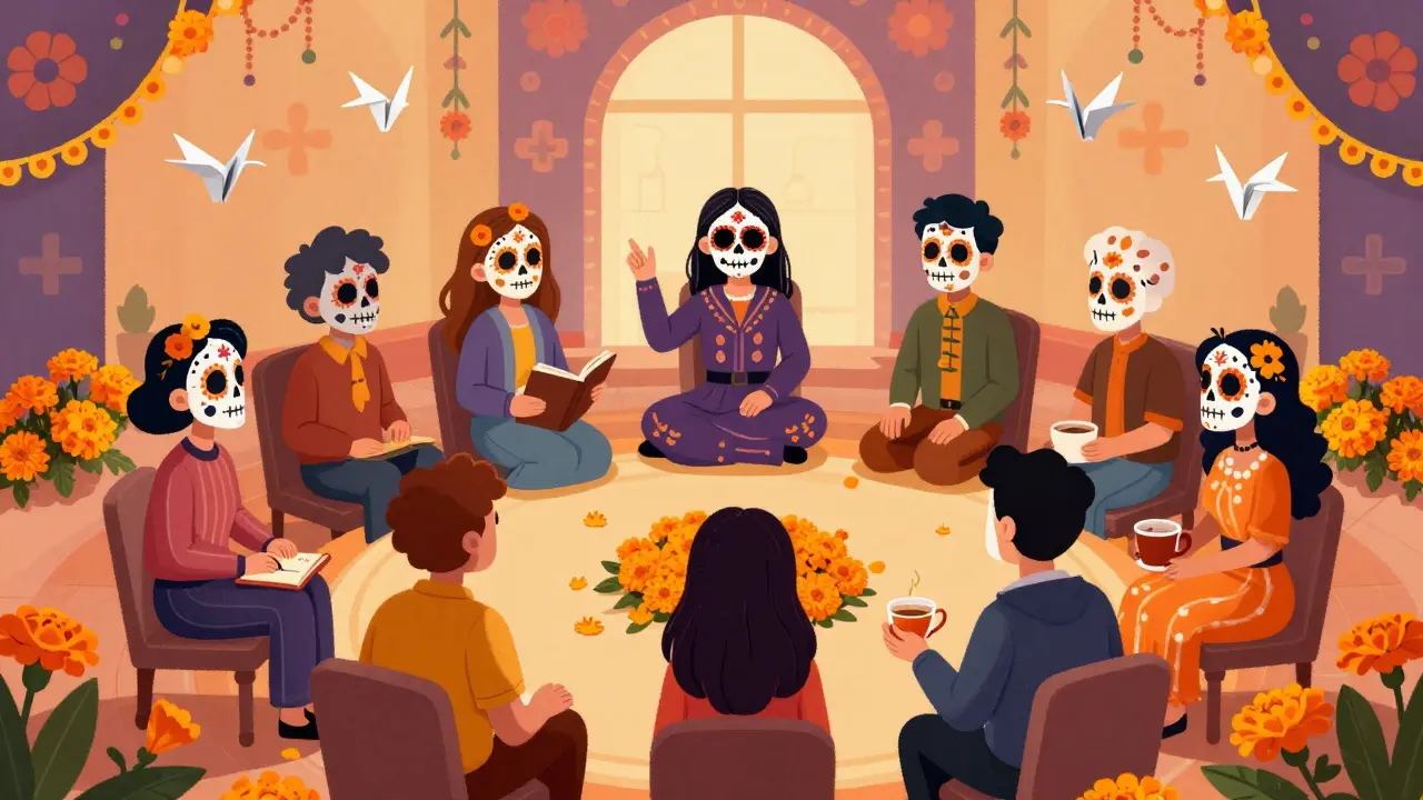 Support group circle with sugar skull figures and marigolds, symbolizing therapy aid.