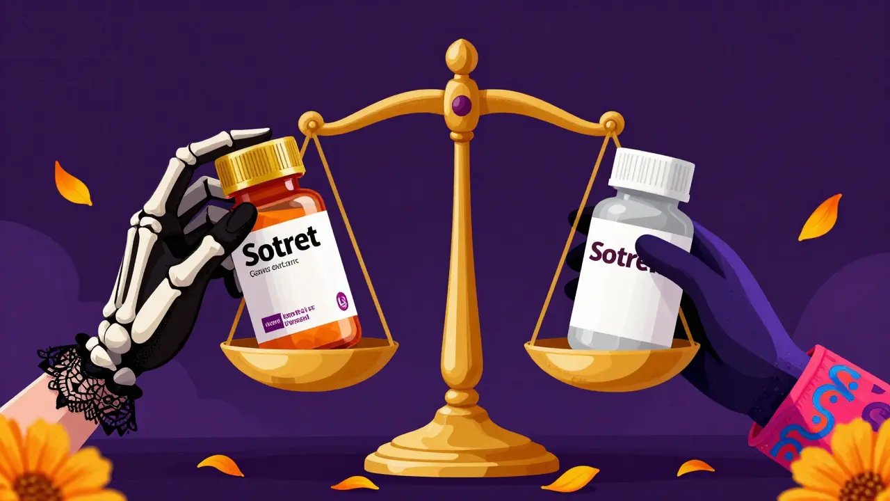 Two skeletal hands comparing brand name and generic pill bottles on a golden scale.