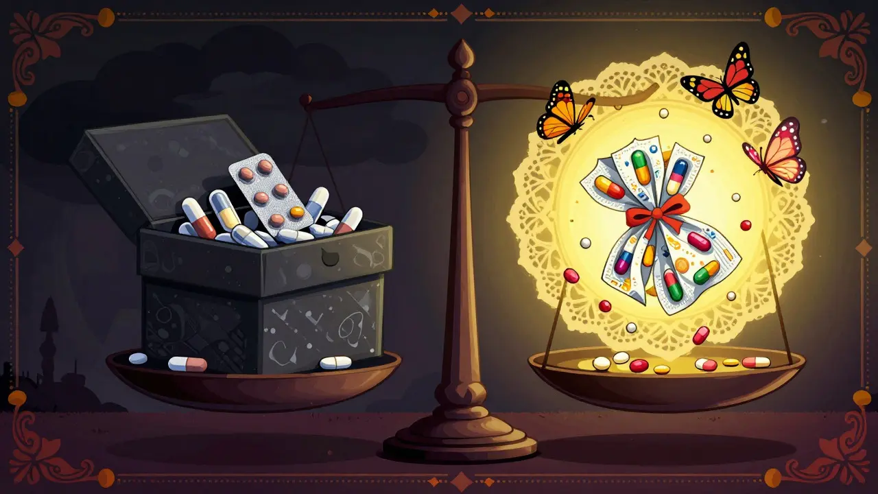 Balance scale comparing expensive brand meds to affordable generic pills in folk art style