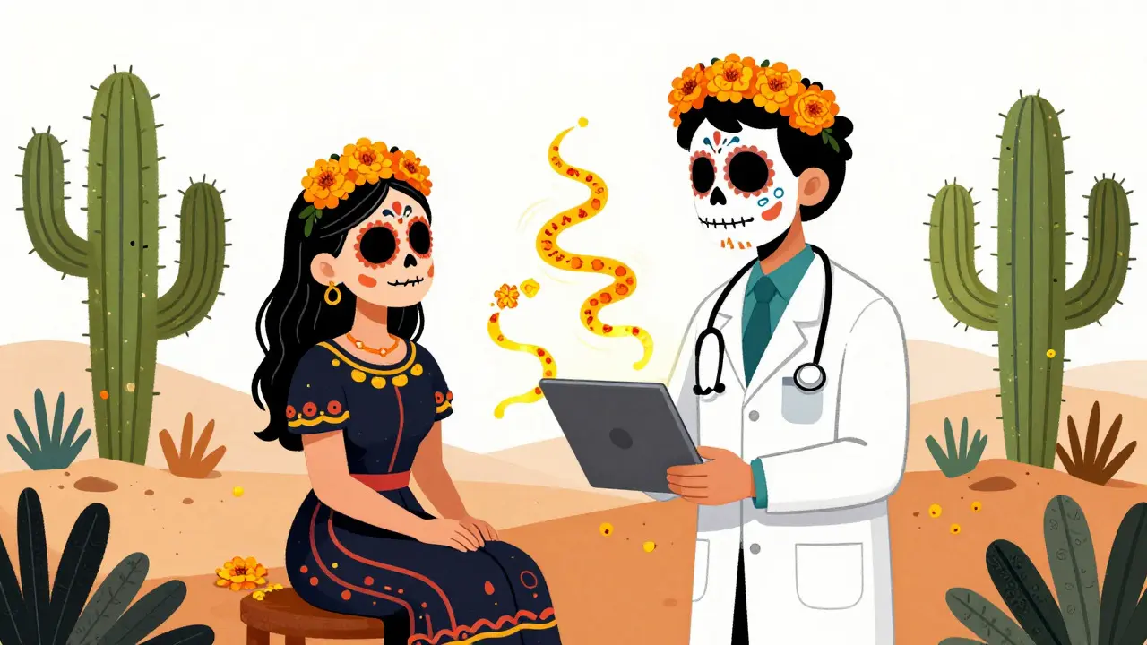 Cartoon doctor and patient connected by marigold petals representing telehealth