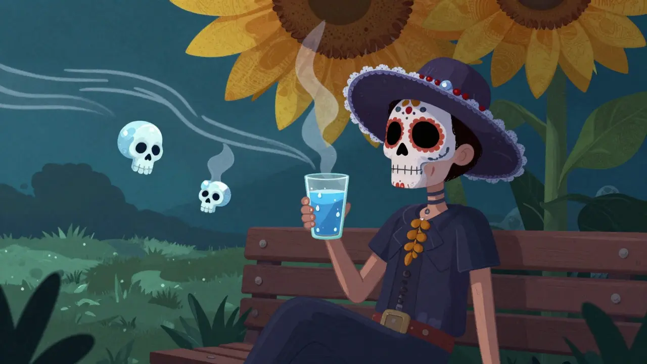 Character sitting in shade drinking water with cooling elements in Day of the Dead art