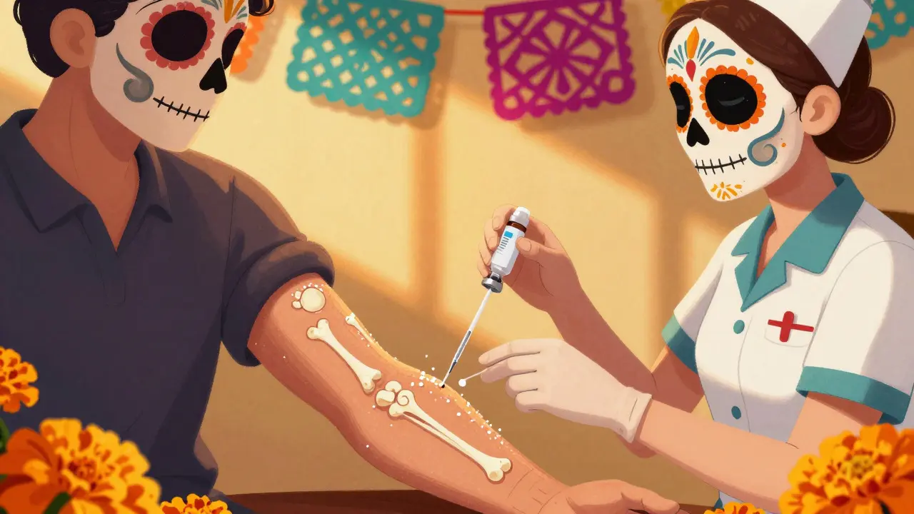 Day of the Dead style illustration of penicillin skin testing