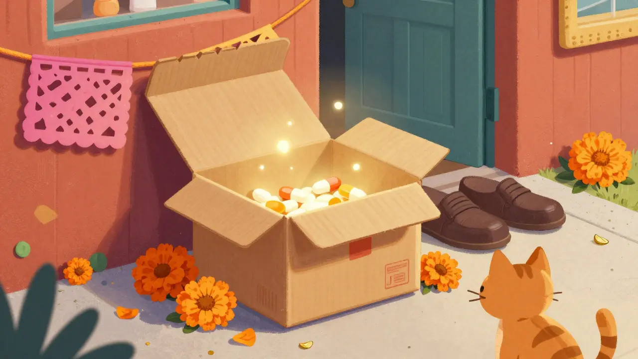 Decorated medicine package on a doorstep with flowers and a cat in cartoon style