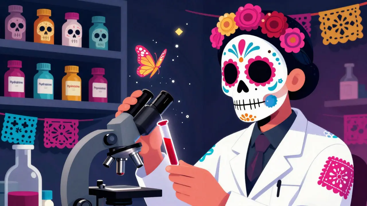Doctor in calavera mask examining glowing blood sample with butterfly spirits nearby