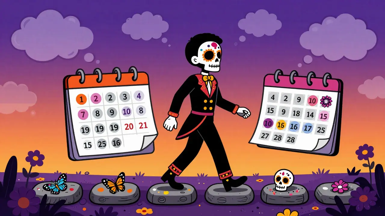 Figure walking on decorated stones with floating calendar symbols in vibrant style