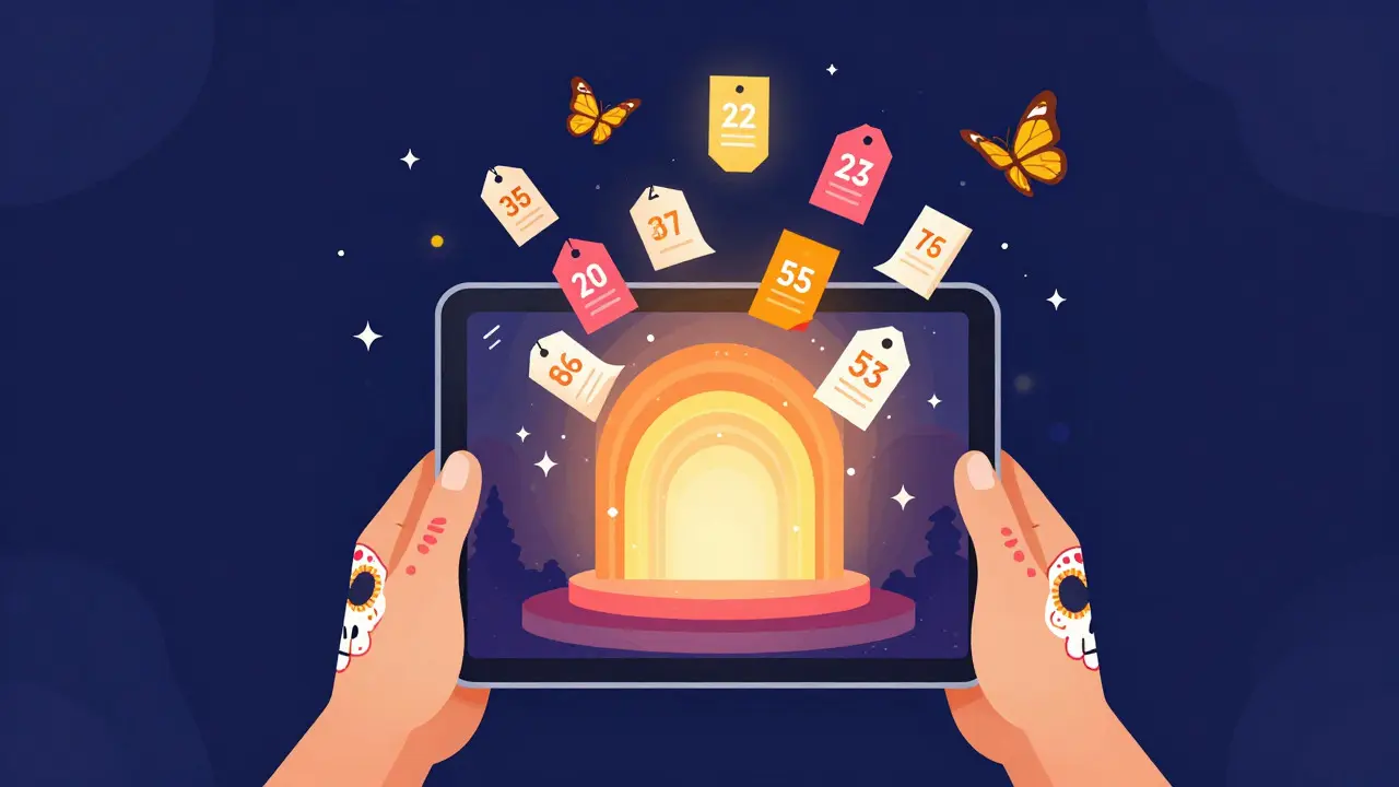 Hands holding a tablet showing abstract discount symbols in a colorful illustrated style