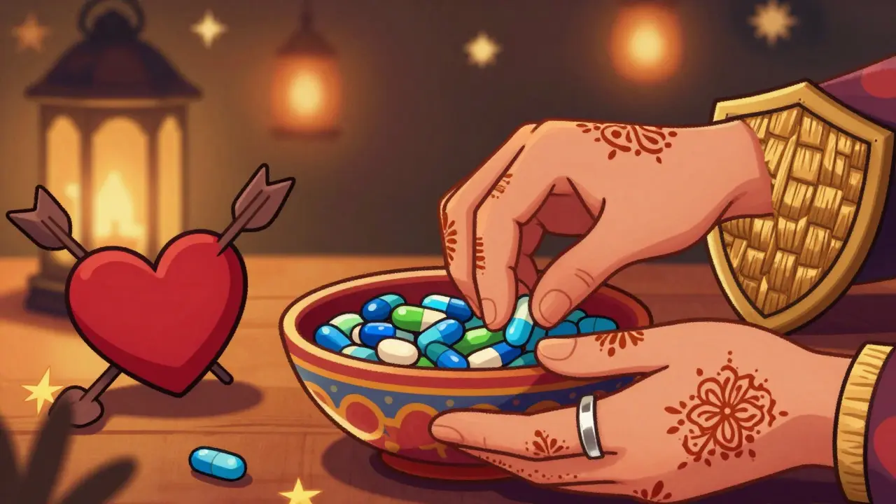 Hands sorting colorful pills into a bowl with symbolic health icons in vibrant cartoon style