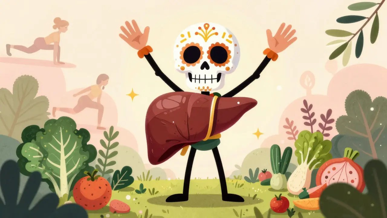 Healed liver character celebrating recovery amidst healthy foods in skeleton art