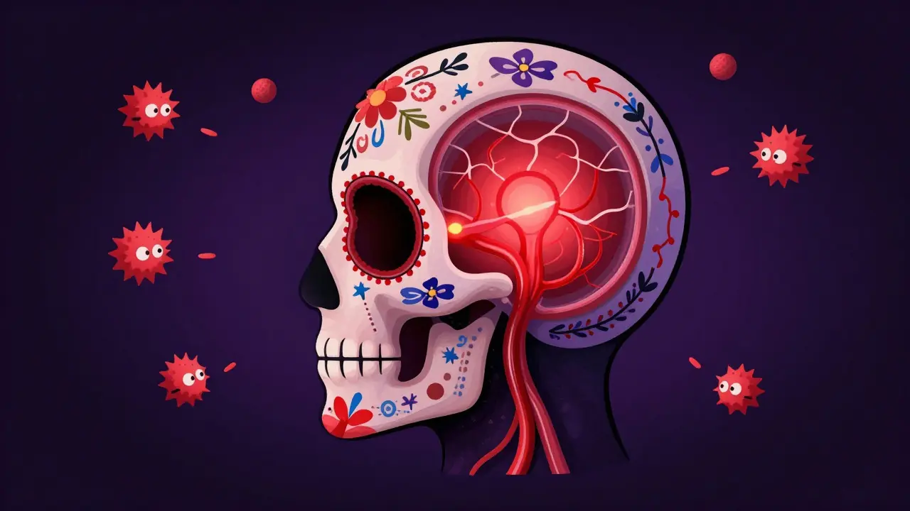 Illustrated head showing expanded blood vessels and histamine release in a festive style