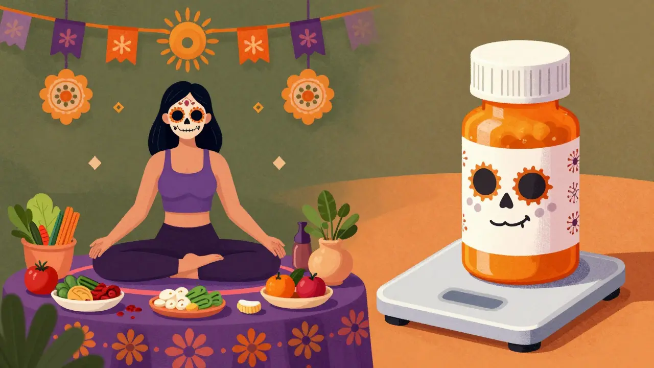 Illustration of healthy diet and exercise alongside medication for PCOS management