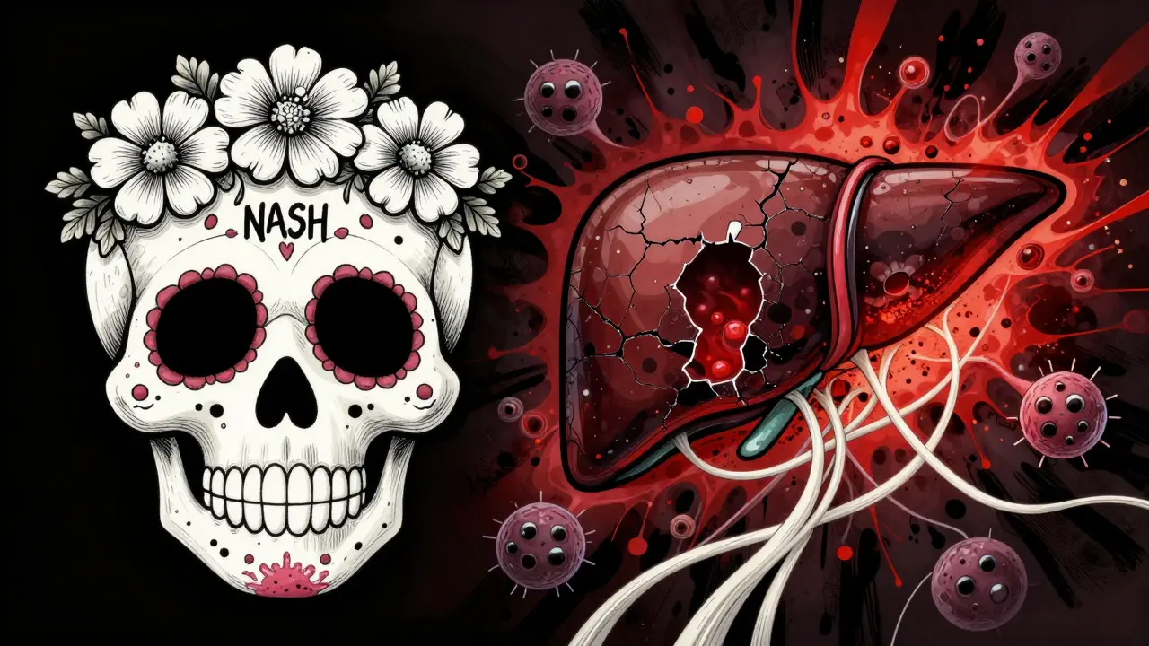 Illustration of liver inflammation and fibrosis in Day of the Dead artistic style
