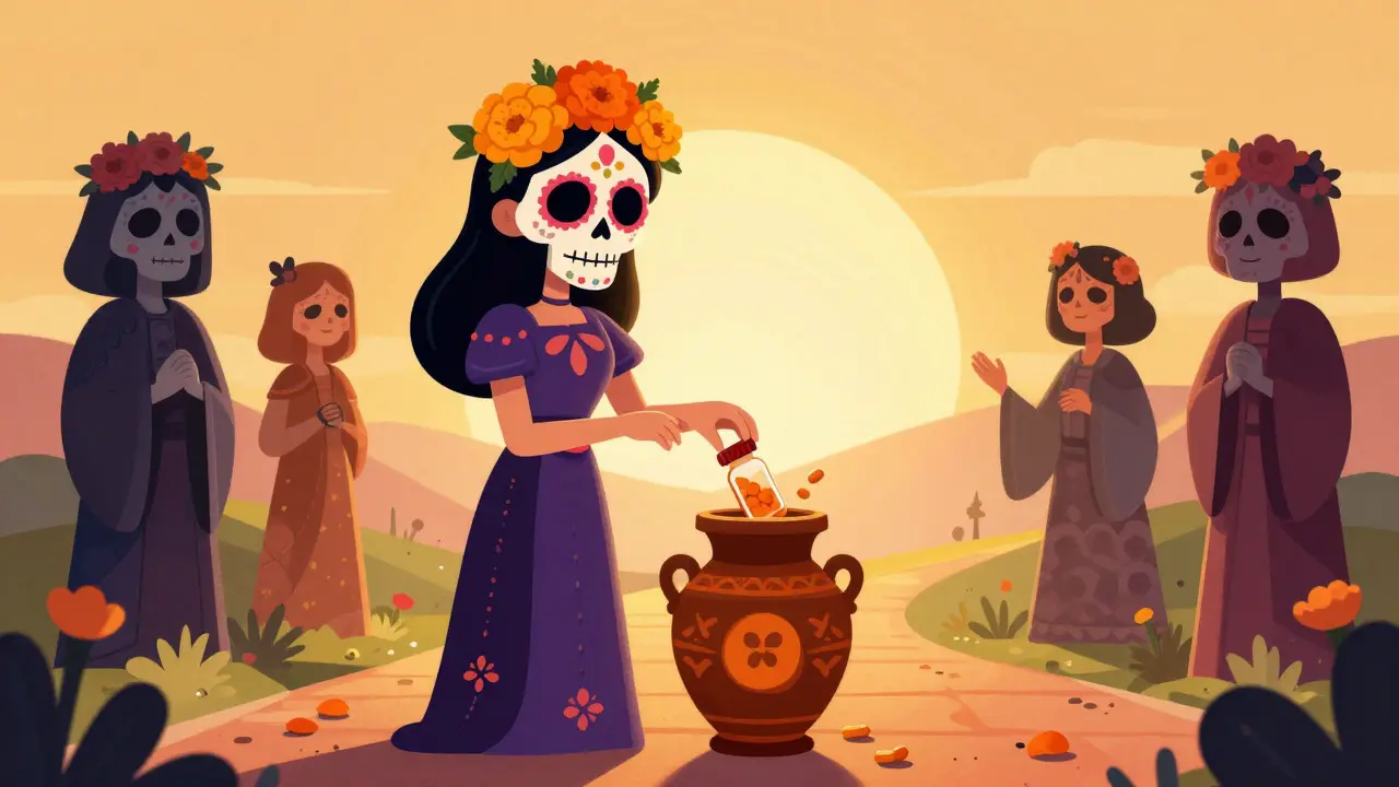 Recovered figure discarding a pill bottle into an urn, bathed in golden sunrise light